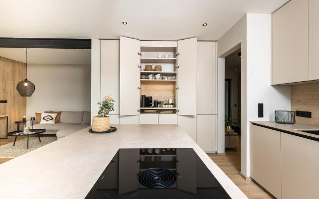 Silberholz Küche mit Schrank offen