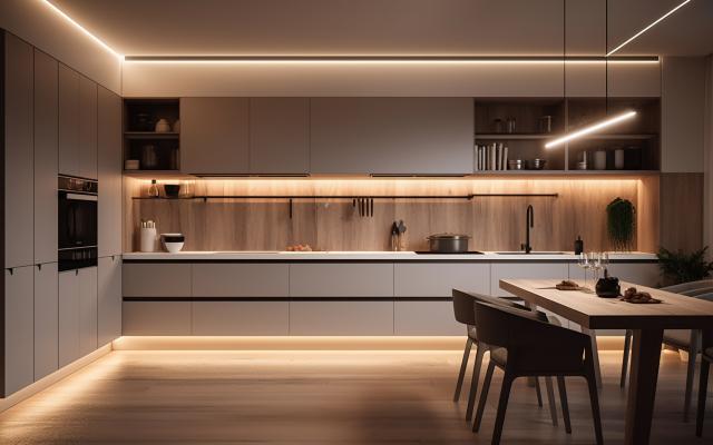 Küche in der Nacht mit Beleuchtung