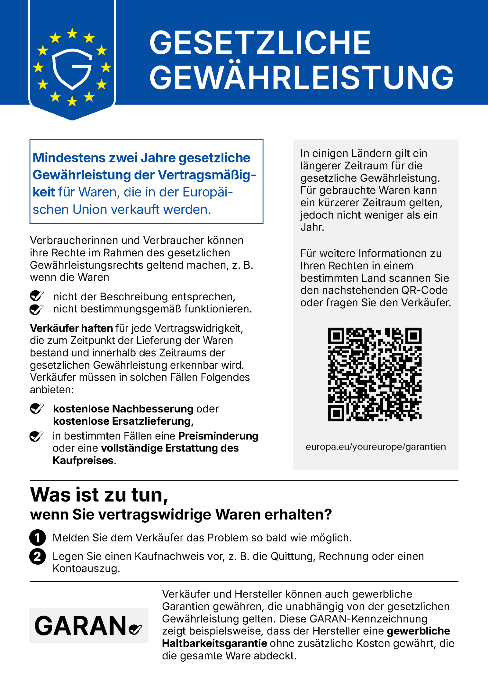 Information über gesetzliche Gewährleistung